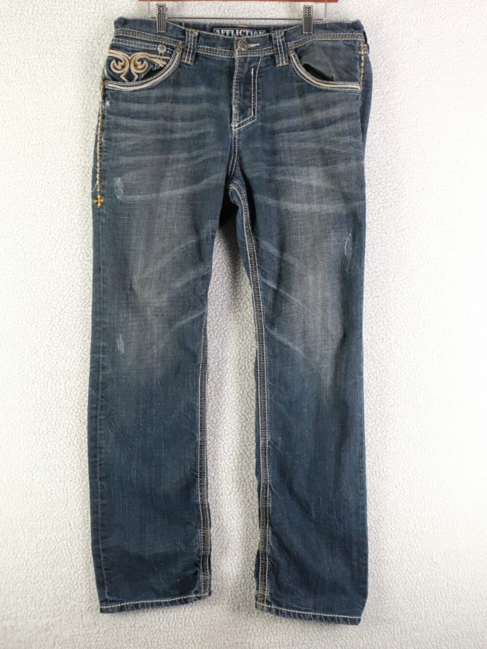 Affliction Jeans Mens 34X32 Blue Grant Flap Pockets Stone Wash Embroidered